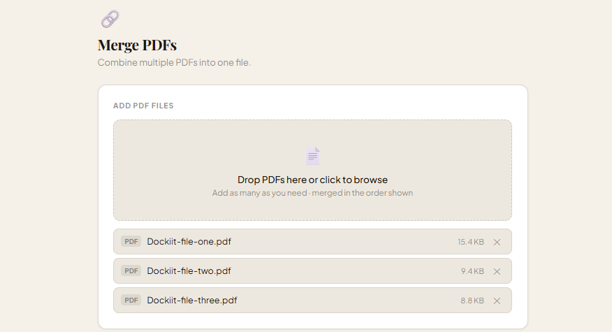 DocKiit merge tool showing three PDF files listed in upload order before merging