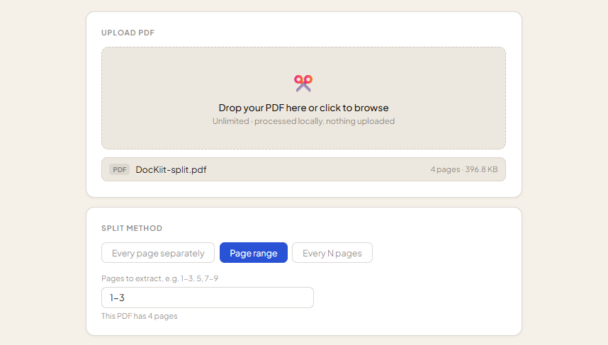 DocKiit split tool showing Page range method selected with a page range entered